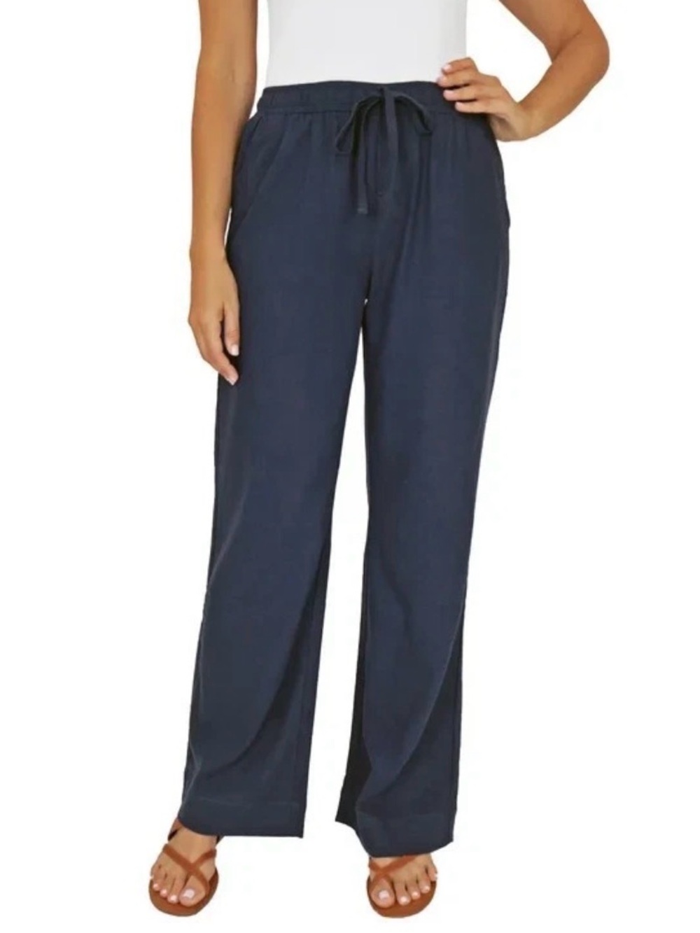 NEW Briggs Womens Navy Blue Linen Blend Wide Leg Drawstring Pants Small S